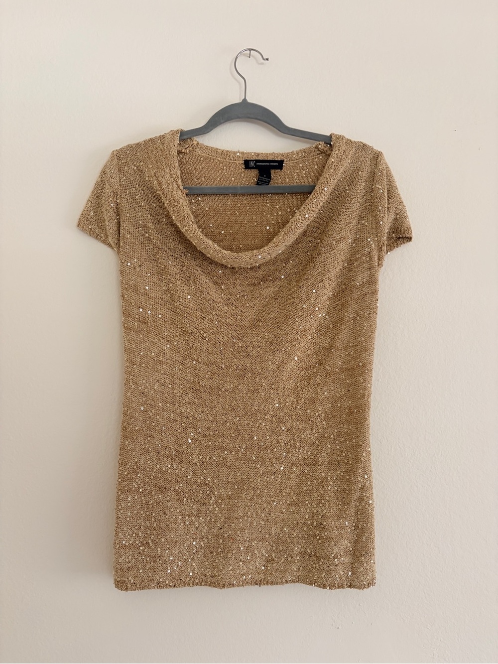 INC international Gold Sequin Cowl Neck Short Sleeve Top or Tunic